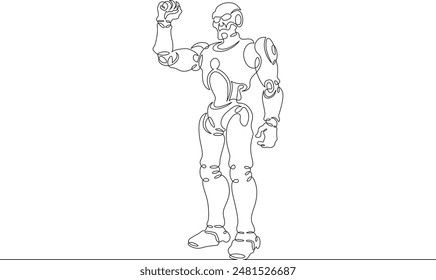 Robot with raised arm. Clenched fist of mechanical man. Robot android gesture of victory and fight. One continuous line. Line art. Minimum one line. White background. One line drawing.