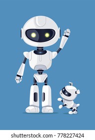 Robot with raised arm, waving robotic creature, standing beside friendly dog ready to play, vector illustration, isolated on blue background