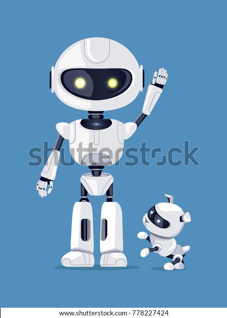 青の背景にロボットと腕を上げ なびくロボット フレンドリーな犬の横に立って遊べる状態 ベクターイラスト のベクター画像素材 ロイヤリティフリー