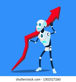 Robot Raises Up Business Trend Chart Vector. Isolated Illustration