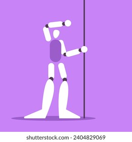 The robot raises its hand and dances Pole Dance. Future technologies. Ethics in AI. Flat vector illustration.