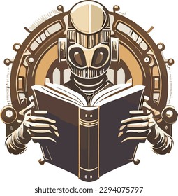 A robot reading a book with a black background and a white background