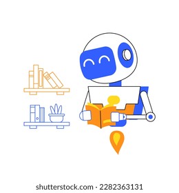 robot reading book library, machine learning artificial intelligence future technology deep learning processing duo tone illustration