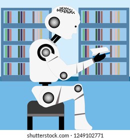 Robot reading a book at the library.Machine learning,artificial intelligence vector illustration design.