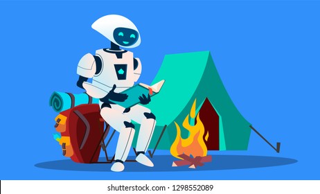 Robot Reading A Book Near Fireplace Vector. Isolated Illustration