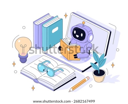 Robot reading a book near laptop. Educational technology, machine learning, innovation and knowledge concept. Vector isometric illustration. 
