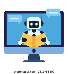 Robot reading a book on the computer monitor screen illustration isolated on transparent background