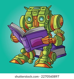 Robot Reading Book Sitting On Stack Book