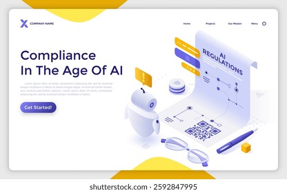 Robot reading regulation agreement document on white background. Compliance in Age of AI landing page isometric template. Privacy protection creative 3d vector illustration for web page