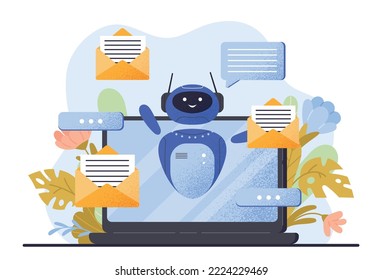 Robot leyendo o escribiendo una carta. Automatización de procesos e inteligencia artificial. Chatbot para correo y negocios en línea. Tecnologías modernas y mundo digital. Dibujo vectorial plano de dibujos animados