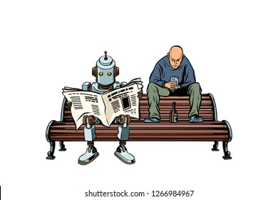 The robot reads the morning newspaper, a drunk man sits next. Pop art retro vector illustration kitsch vintage