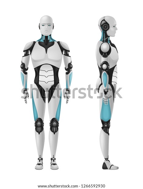 男性的なドロイドベクターイラストの正面図と側面図のセットを含むロボットのリアルな3dコンポジション のベクター画像素材 ロイヤリティフリー