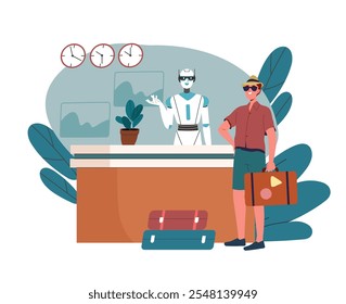 Robot receptionist in hotel. Artificial intelligence and machine learning. AI service in hostel. Travel and tourism, holiday and vacation. Flat vector illustration isolated on white background