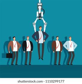 Robot recruiter with industrial claw choosing man from selected group of people. Recruitment, employment agency vector business concept. Robotic choose and select human recruit illustration