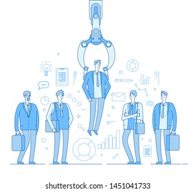 Robot recruiter. Industrial claw choosing man from people selected group. Recruitment human employment agency vector business concept. Robot professional research employee, hr select illustration