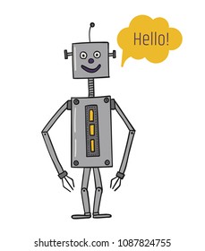 Robot is rectangular. A square bot says. Artificial Intelligence. Future technologies. Metal characters. Robotization and automation of labor