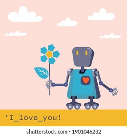A robot with a red heart moves on a date and carries a flower. Valentine's Day. A funny postcard for confessing feelings of sympathy and love.