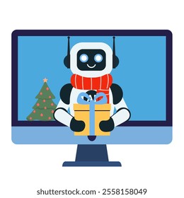 The robot in red scarf and with Christmas tree gives a gift on the computer monitor screen. Flat illustration isolated on transparent background. Chatbot. Vector illustration - Powered by Shutterstock - Get 15% off with code: PIKWIZARD15