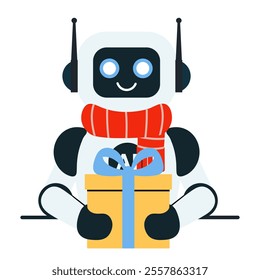 The robot in red scarf gives a gift