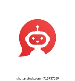 Robot in red speech bubble on white background. Cute robot icon in speech bubble. Support service bot. Vector illustration