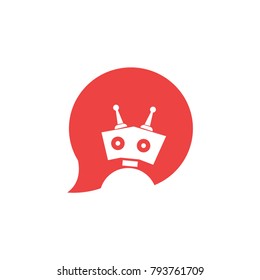 Robot in red speech bubble on white background. Cute robot icon in speech bubble. Support service bot. Vector illustration