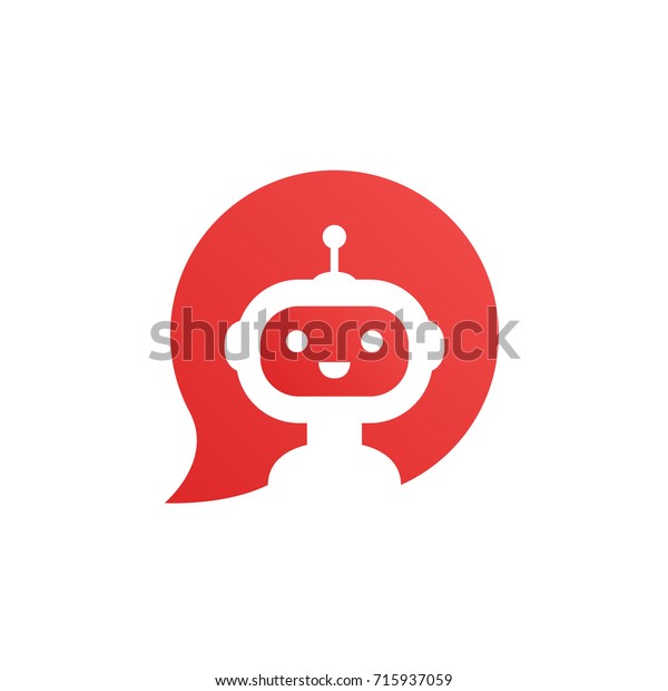 Robot in\
red speech bubble on white background. Cute robot icon in speech\
bubble. Support service bot. Vector\
illustration