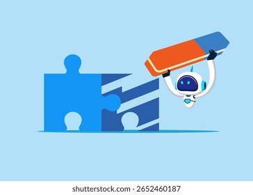 Robot removed  jigsaw puzzle with eraser. Vector illustration in flat style.