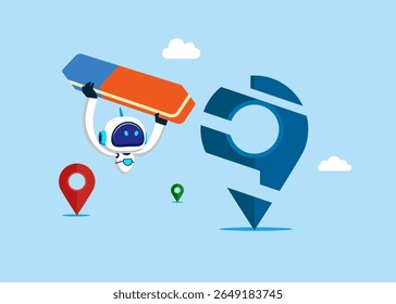 Robot removeu o novo escritório local com borracha. Trabalho remoto ou à distância, escritório virtual ou trabalhando em qualquer lugar, freelancer ou escritório on-line. Ilustração vetorial