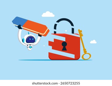 Robot removed red lock with eraser. Flat vector illustration