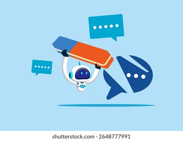 Robot removed speech bubble with eraser. Block unwanted messages, filter messages from unknown senders. Flat vector illustration