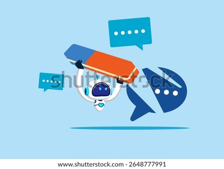 Robot removed speech bubble with eraser. Block unwanted messages, filter messages from unknown senders. Flat vector illustration