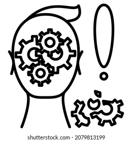 Roboterreparaturdienst. Der Zusammenbruch künstlicher Intelligenz. Ersatzteile im Kopf. Sozialtechnik. Vektorsymbol, Umriss, einzeln. Bearbeitbarer Strich.