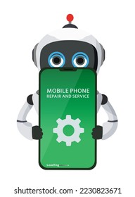 Robot repair vector design. Mobile phone repair and service apps with ai technology character for trouble shoot webpage system error. Vector Illustration.
