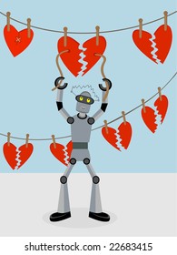 Robot repairing strings of broken hearts for Valentine Day