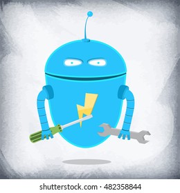 Robot Repairman. Cartoon Character. Holds a wrench and the screw-driver in hand.