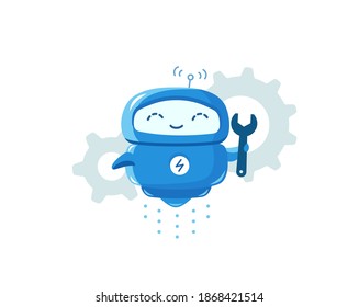 Robot repairs service. Support service-center repair. Cartoon vector flat. Character mascot.