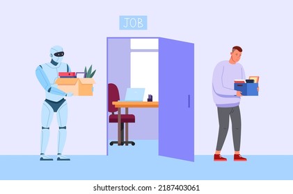 Robot Replace Employee. Android Takeover Job Of Fired Worker, Machine Replacement Human Workplace, Future Technology Automation Work Artificial Intelligence Vector Illustration. Worker Robot Replace