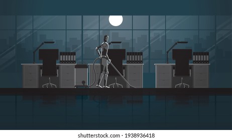 Robot replace human. Artificial intelligence mechanism clean and work in the office desktop room for 24 hours in the dark and full moonlight without people. unemployment human for a job in the future.