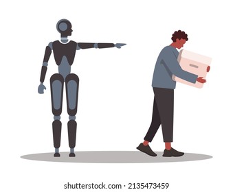 Robot replace the human in office. Idea of artificial intelligence and competition between an character and cyborg. Fired employee. Isolated flat illustration vector