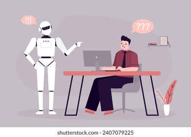 Robot replaced human at work. Male employee at workplace, artificial intelligence want replaces his at job. Robotization, increasing labor and business efficiency with help of technology and machines.