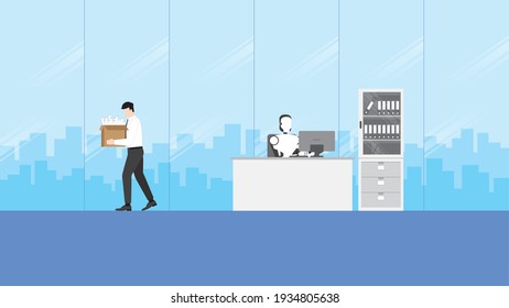 Robot replaces and turnover human. Artificial intelligence mechanism working without people and fired employee man. Business concepts of technology and unemployment human for a job in the future.
