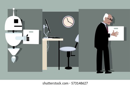 Robot replacing a senior employee, EPS 8 vector illustration