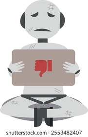 Robot, representation of artificial intelligence, sad, sitting cross-legged on the floor, dirty, with a defeated appearance, holding a sign with a thumbs down connoting something negative.