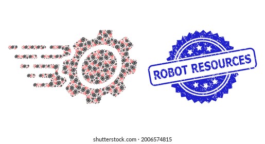 Robot Resources rubber stamp seal and vector fractal mosaic gear. Blue stamp seal has Robot Resources text inside rosette. Vector mosaic is constructed with randomized rotated gear pictograms.