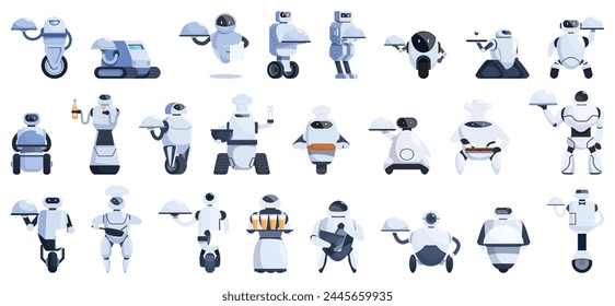 Iconos de restaurante robot conjunto de dibujos animados Vector. Industria alimentaria. Solicitar servicio de mano