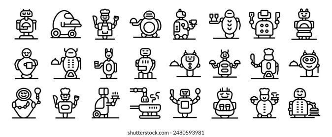 robot restaurant icons set. Different robots working in restaurant, serving food and drinks line icons