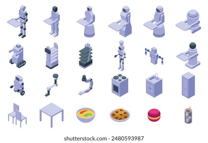 Robot restaurant icons set. Restaurant of the future with robot waiters serving food and drinks to customers