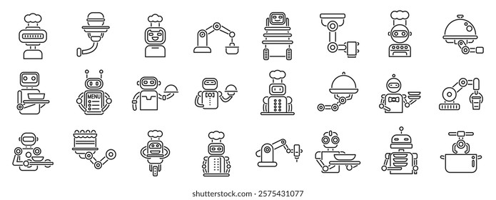  Robot restaurant icons set. Set of line icons representing automated service robots working as waiters and chefs in a restaurant, preparing and serving meals