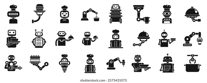  Robot restaurant icons set. Set of robotic chefs and waiters preparing and serving meals, showcasing automation in the restaurant industry