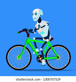 Robot Riding A Bicycle Vector. Isolated Illustration